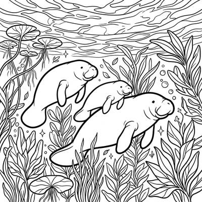 Discover the serene beauty of manatees in their natural spring habitat with this delightful coloring page. Featuring a tender manatee family surrounded by vibrant aquatic flora, it's perfect for a relaxing creative escape.