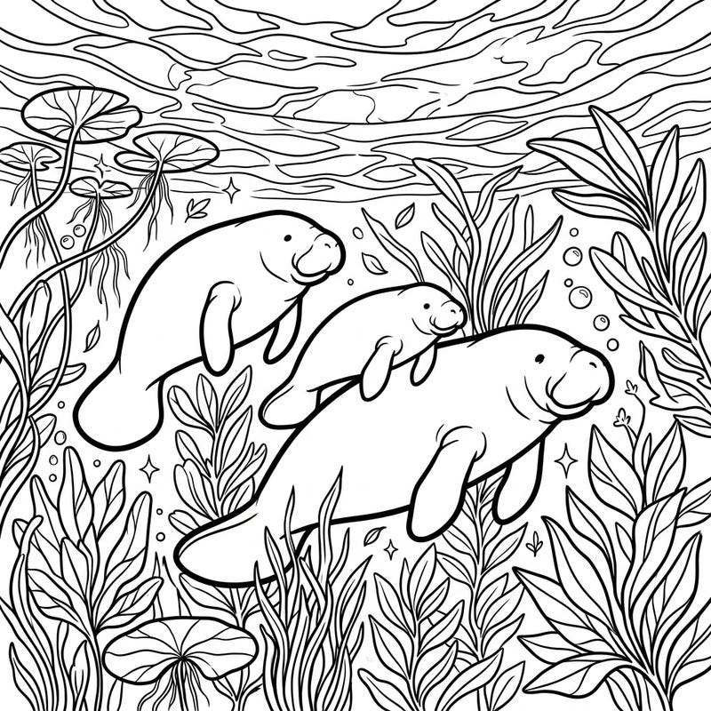Discover the serene beauty of manatees in their natural spring habitat with this delightful coloring page. Featuring a tender manatee family surrounded by vibrant aquatic flora, it's perfect for a relaxing creative escape.