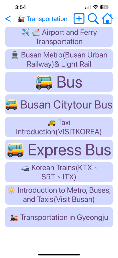 Un elenco di opzioni di trasporto di Busan tra cui Metro, Autobus, Taxi e Treni nell'app Busan Transport.