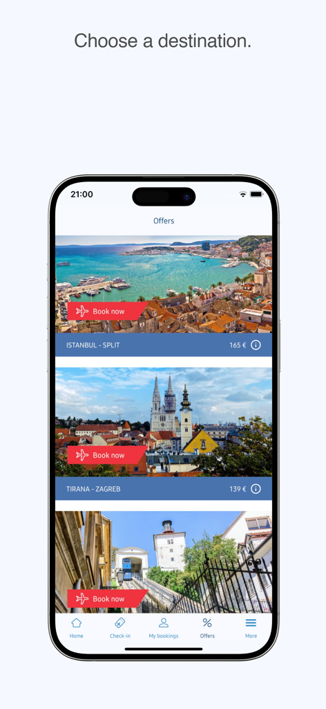 Croatia Airlines - Croatia Airlines app offers screen showing flight deals to Split and Zagreb