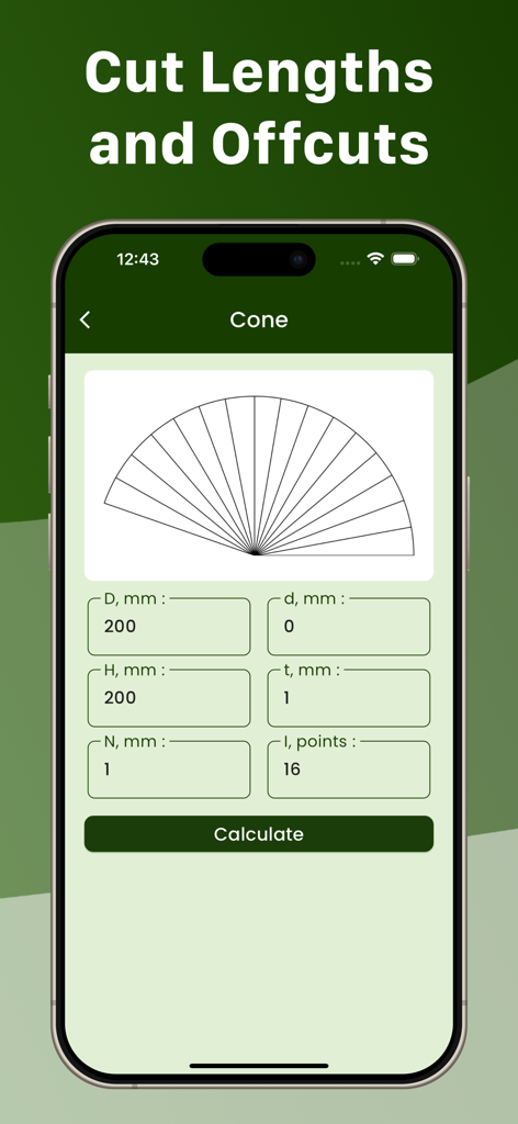 Benutzeroberfläche der mobilen App, die den Bildschirm zur Berechnung des Kegelgrundrisses mit Schablonendiagramm und Feldern zur Eingabe von Abmessungen anzeigt.