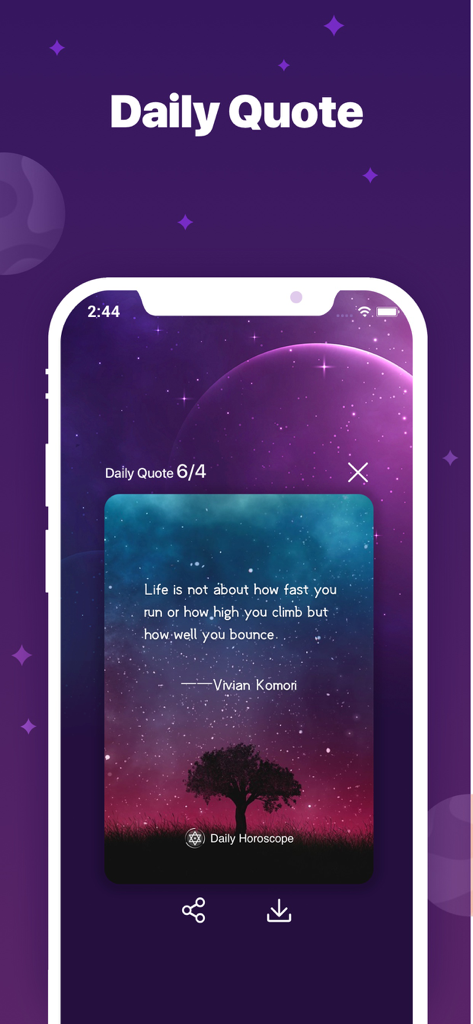 Una pantalla de cita inspiradora diaria de la aplicación Quiromancia y Horóscopo con un fondo de cielo estrellado.