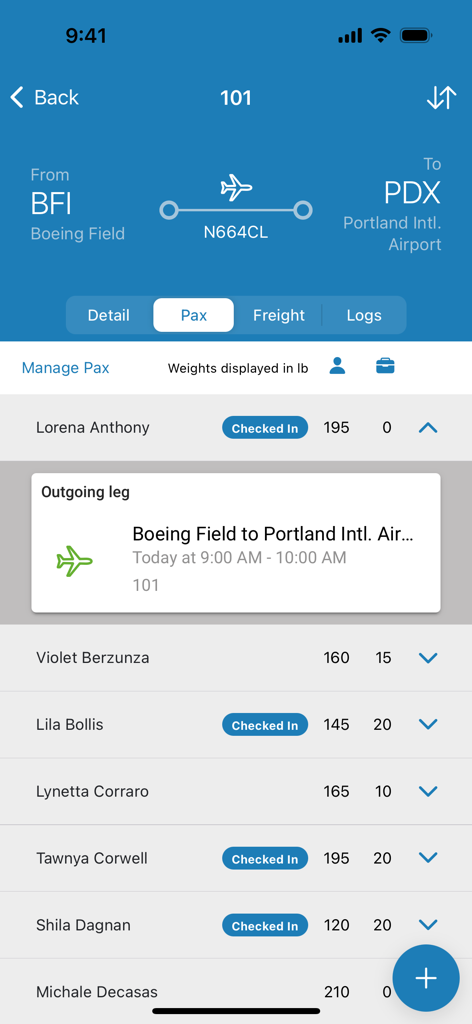 Takeflite Go app interface showing passenger check-in status and flight details for a regional airline