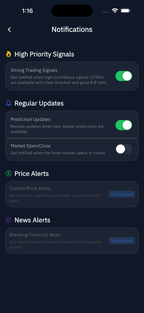 TradeVisor - Tela de configurações de notificação do aplicativo TradeVisor mostrando opções para sinais de trading de alta prioridade e atualizações regulares do mercado.