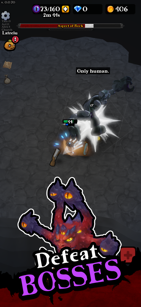 Darkest Hero! - Gameplay screenshot of Darkest Hero showing a character fighting the Aspect of Rock boss with a Defeat BOSSES text overlay.