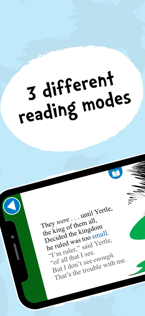Smartphone screen showing a Dr. Seuss story with a caption for three different reading modes