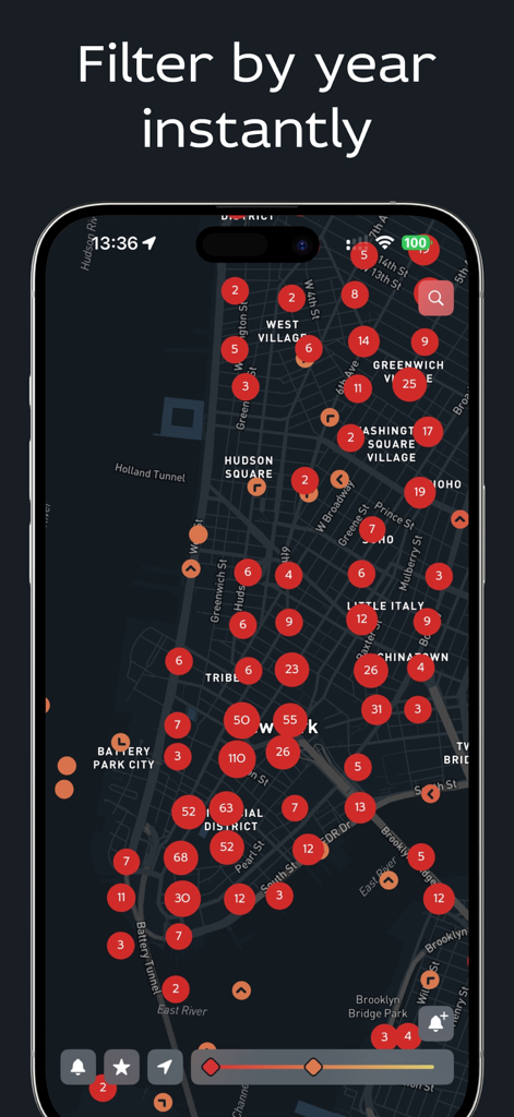 Historic photos - Time Portal - App interface showing historical photos on a map with a year filter.