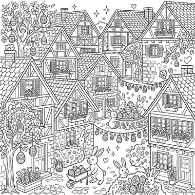 Step into a whimsical world where charming village cottages are beautifully adorned for Easter. This delightful coloring page is bursting with playful bunnies, decorative eggs, and blooming spring flowers, promising hours of festive creative fun.