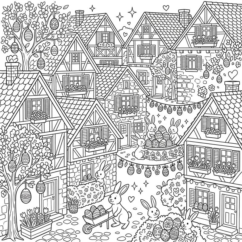 Step into a whimsical world where charming village cottages are beautifully adorned for Easter. This delightful coloring page is bursting with playful bunnies, decorative eggs, and blooming spring flowers, promising hours of festive creative fun.
