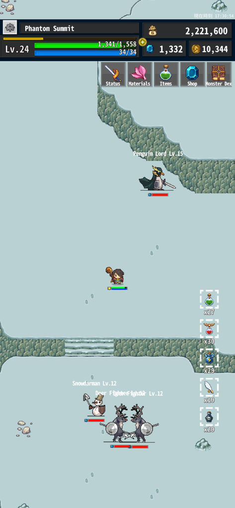 OnceWorld RPG의 눈 덮인 들판에서 펭귄과 사슴 몬스터와 싸우는 픽셀 아트 히어로