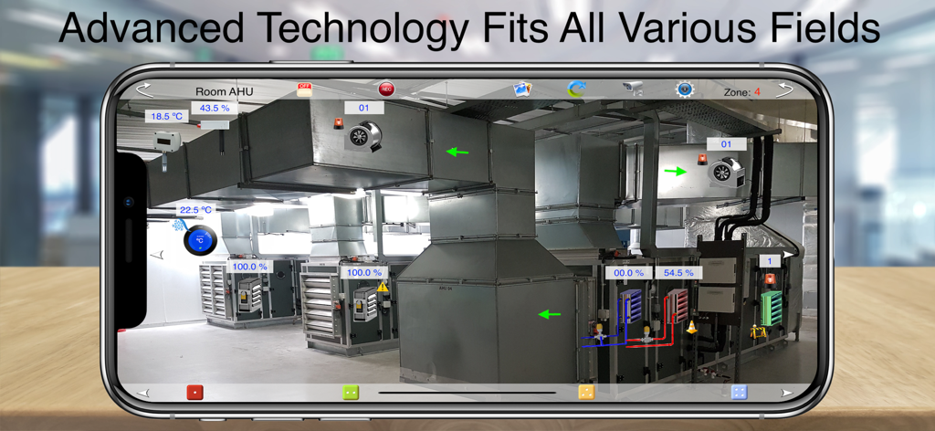 HOS Smart Home BACnet BMS - Interfaz de la aplicación HOS Smart Home BACnet BMS mostrando monitoreo AR en tiempo real de unidades HVAC industriales