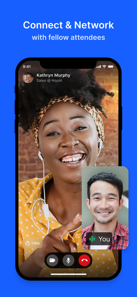 RingCentral Events - RingCentral Events mobile app interface showing a one on one video networking call between professional attendees