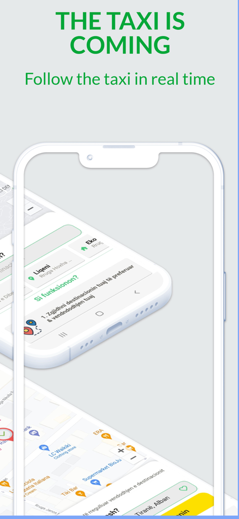VrapOn app interface showing the real-time taxi tracking feature for travelers in Albania.