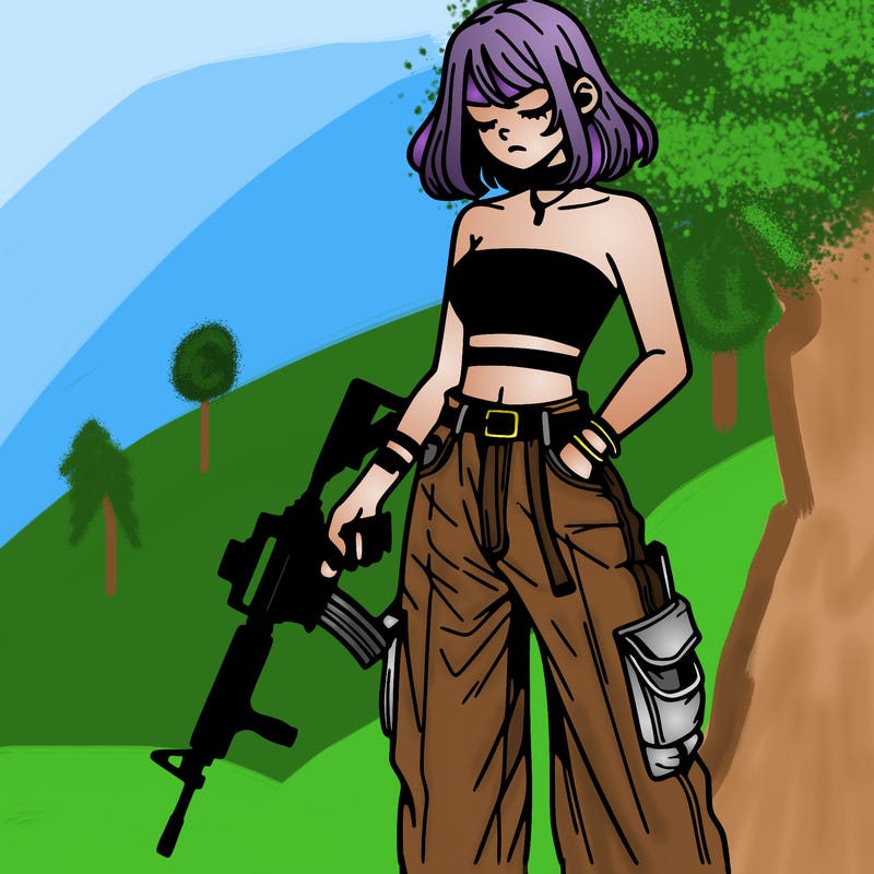 a dangerous girlcrop top and baggy jeans with a rifle in her hand
