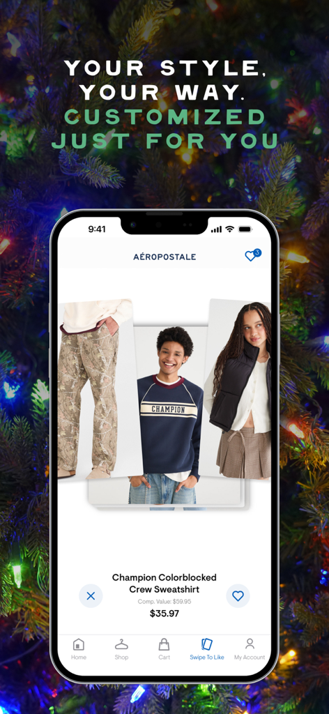 Aeropostale app interface with a swipe to like feature for personalized teen fashion recommendations.