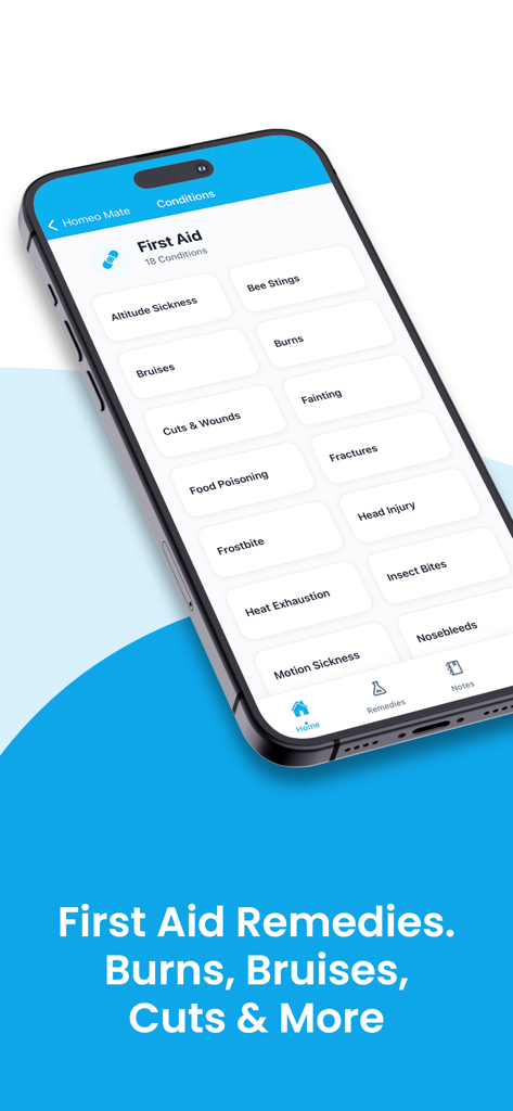 Interfaz de la aplicación HomeoMate que muestra categorías de primeros auxilios homeopáticos para quemaduras, moretones y cortes.