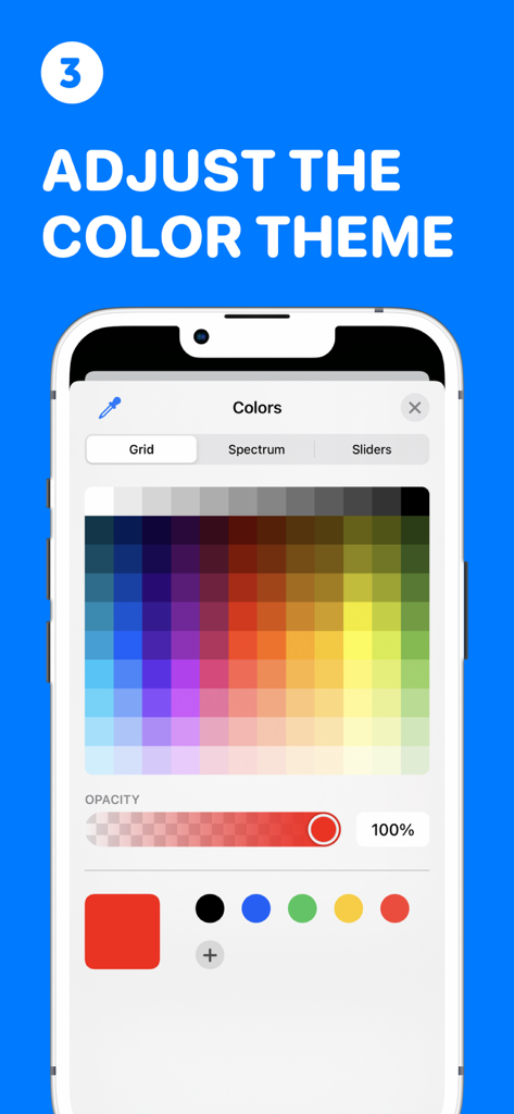 Screenshot of the color theme adjustment screen in the Super Scoreboard app showing a color grid and opacity slider
