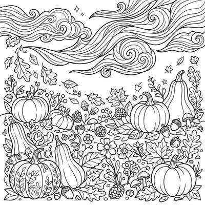 Immerse yourself in the enchanting beauty of autumn with this intricate coloring page, blending a bountiful harvest with the celestial wonder of noctilucent clouds. Explore a delightful scene rich with pumpkins, falling leaves, and woodland treasures, all awaiting your creative touch.