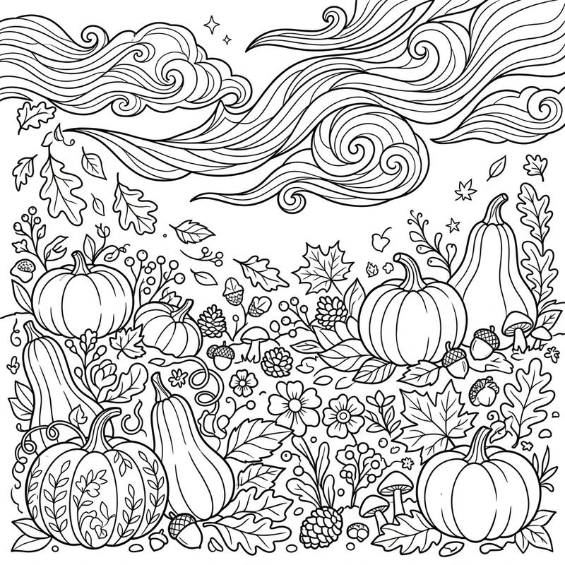 Immerse yourself in the enchanting beauty of autumn with this intricate coloring page, blending a bountiful harvest with the celestial wonder of noctilucent clouds. Explore a delightful scene rich with pumpkins, falling leaves, and woodland treasures, all awaiting your creative touch.