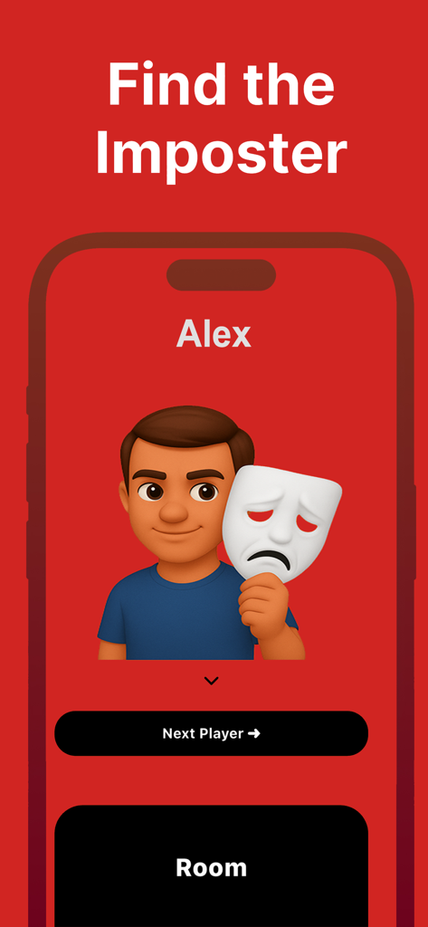 Bildschirm einer mobilen App, der die Figur Alex zeigt, die eine Maske im Fakr Imposter Party Game hält