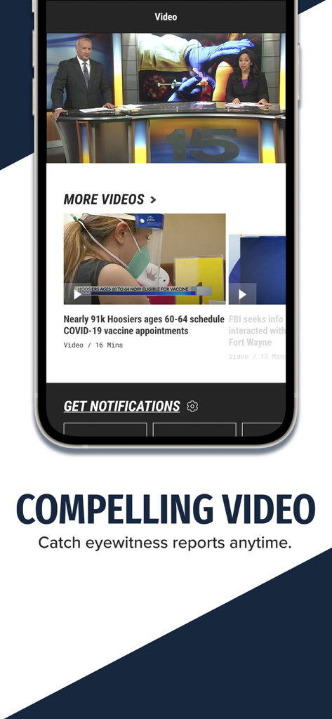 WANE 15 news app interface showing video reports and local news broadcasts.