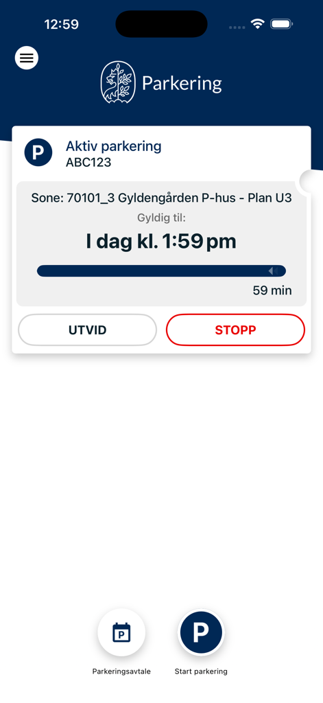 Parkering Kristiansand app showing an active parking session in Gyldengarden with time remaining and options to extend or stop