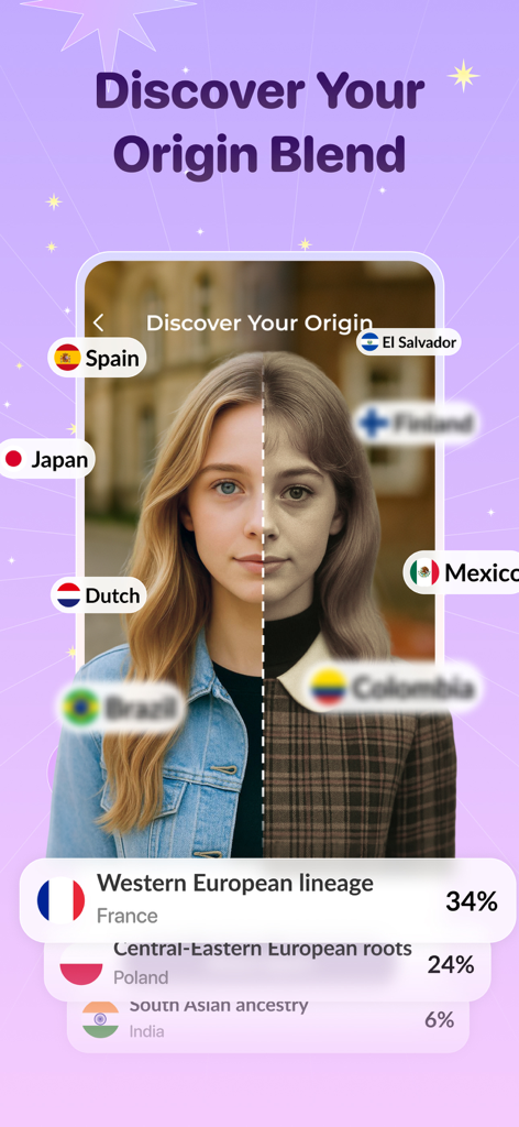 KissLifeアプリのスクリーンショット、AI Origin Blend機能が表示され、血統と祖先を分析します。