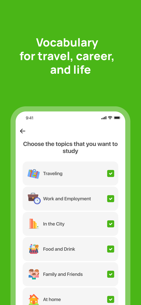 10 Minute Japanese app screen for choosing study topics like traveling and work