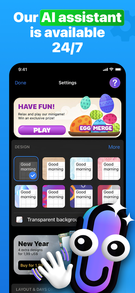 Weekly Planner app settings page showing AI assistant message design customization and a minigame banner