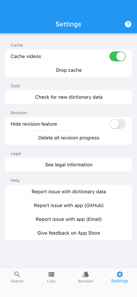 Settings screen of the Auslan Dictionary app showing options for video cache data updates and revision features