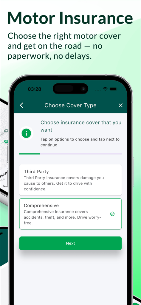 Strategis Insurance - Mobile screen of Strategis Insurance app displaying motor cover options including Third Party and Comprehensive coverage.