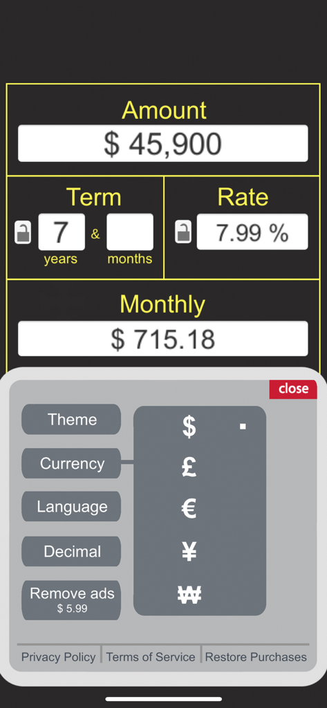 Loan Calculator $ - Interface of the Loan Calculator app showing options to change currency and calculate monthly payments