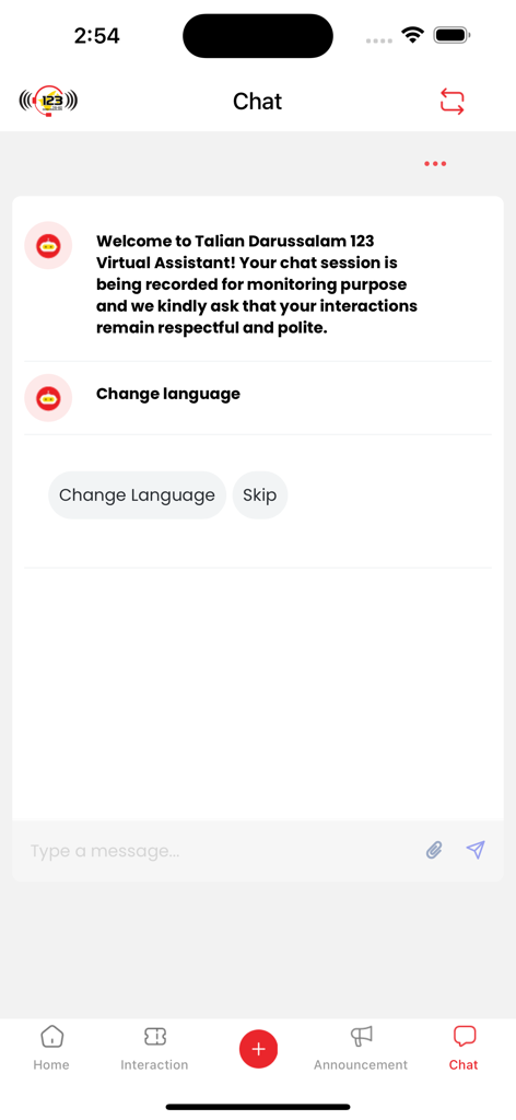TD123 - TD123 app virtual assistant chat screen with language selection options