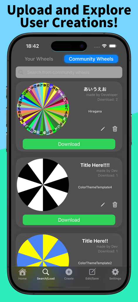 A mobile interface displaying a gallery of community created custom spin wheels with download options.