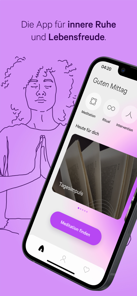 A interface do aplicativo homodea Meditation mostrando uma seção de impulso diário e categorias de meditação em um fundo roxo