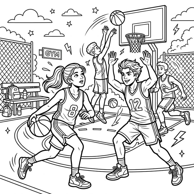 Get ready to dribble, shoot, and score with this exciting coloring page featuring energetic youth basketball athletes in action. It's the perfect way for young sports enthusiasts to bring their passion for the game to life with colors.