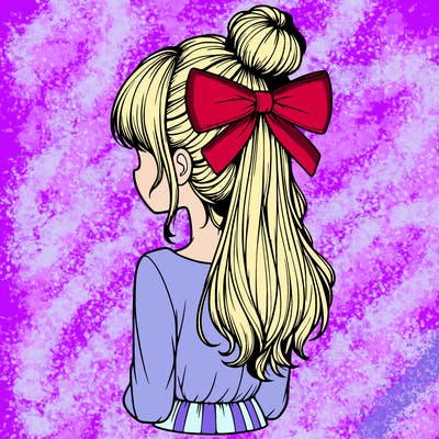 realistic girl  with hip length hair a bun and a big bow on the back of head