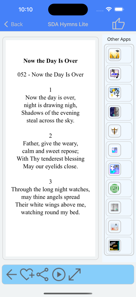 SDA Hymns Lite - Mobile screen showing the lyrics for Seventh-day Adventist hymn number 52 titled Now the Day Is Over with playback and favorite controls.