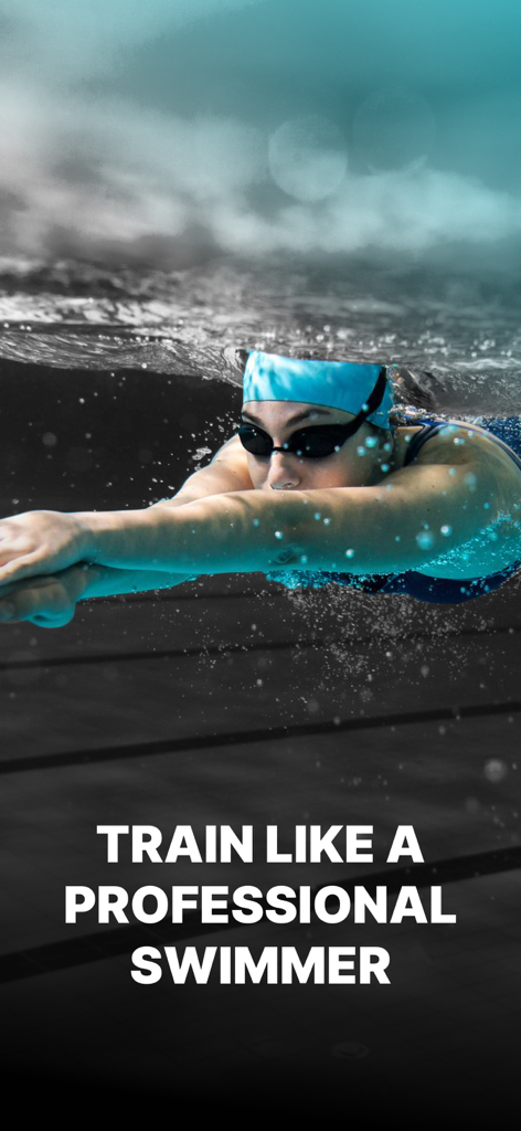 Swim Training & Workouts - Eine Frau schwimmt in einem Pool mit dem Text Trainiere wie ein Profi-Schwimmer