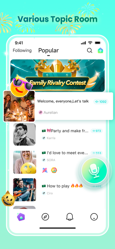 Wyak - Wyak app interface showing various voice chat rooms with user counts and a microphone button for joining conversations