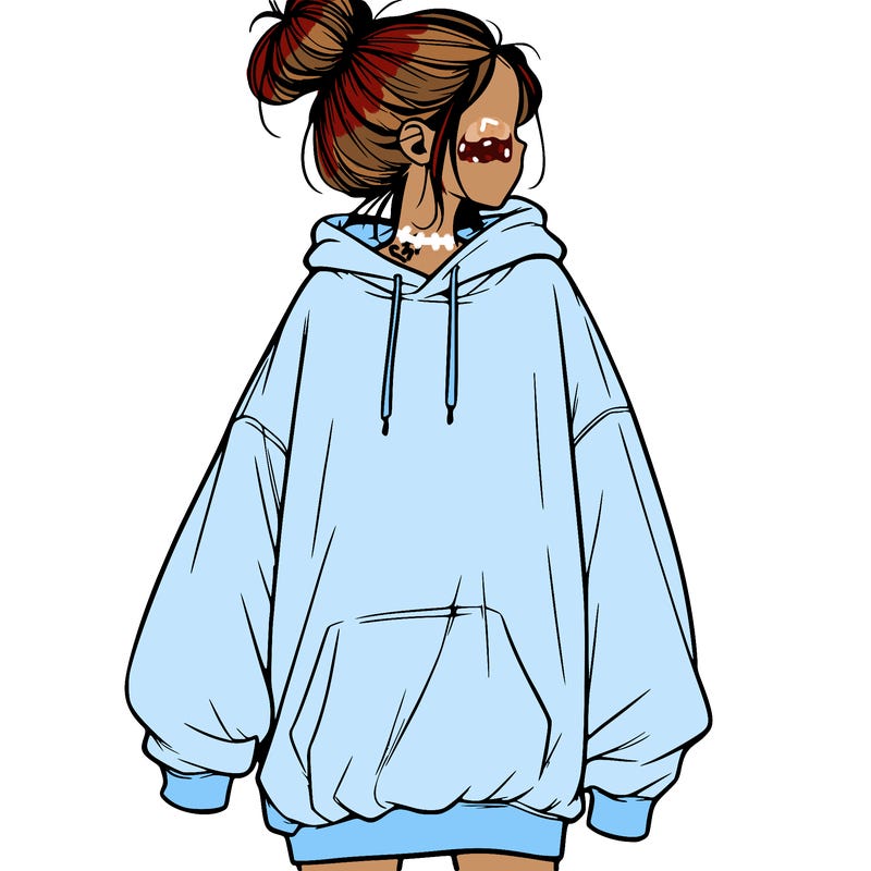 realistic girl with a oversized sweatshirt on and a bun