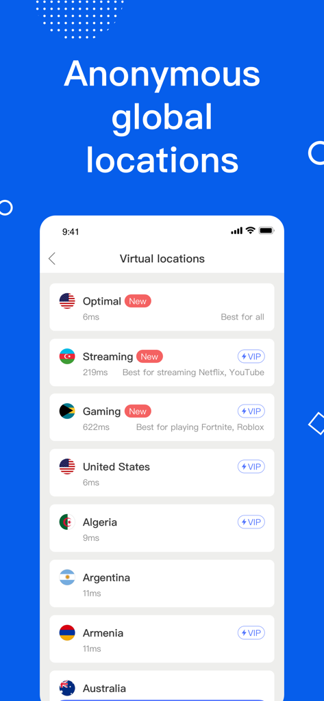 LeapVPN app interface showing global server locations with specialized options for streaming and gaming