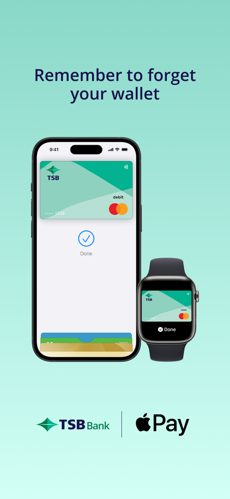 TSB Bank Ltd Mobile Banking - iPhone and Apple Watch displaying TSB Bank New Zealand debit card within Apple Pay