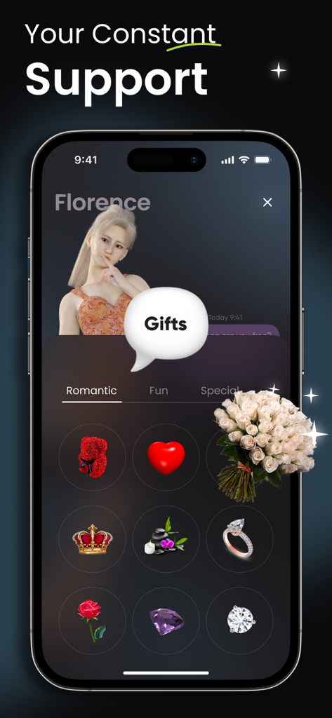 Interface of the AI Friend app showing virtual gift options like flowers and rings for an AI companion named Florence