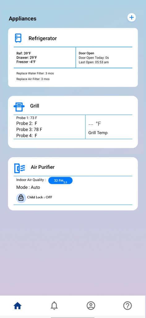 Kenmore Smart - Kenmore Smart app interface displaying status for refrigerator grill and air purifier