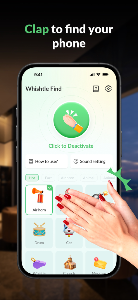Whistle - Find phone by clap - A smartphone screen displaying the Whistle Find app interface with a clap to find feature and various alert sounds