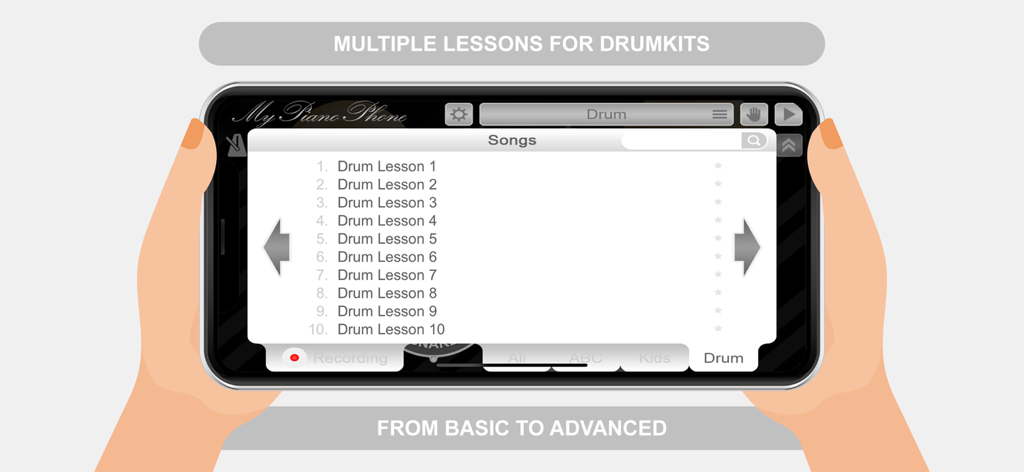 Lista de aulas de bateria do básico ao avançado no aplicativo My Piano Phone