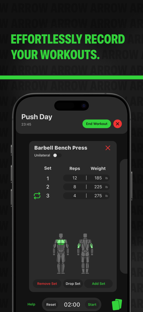 Arrow app interface showing barbell bench press tracking with sets reps and targeted muscle groups