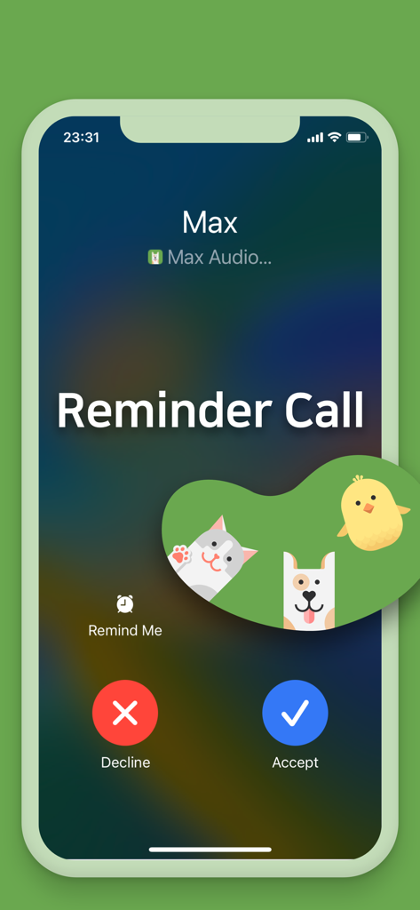 Smartphone screen showing an incoming pill reminder call from Max with cute animal characters