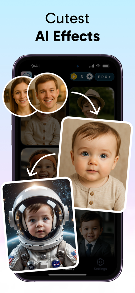 AI baby generator showing a child in an astronaut suit and other cute effects